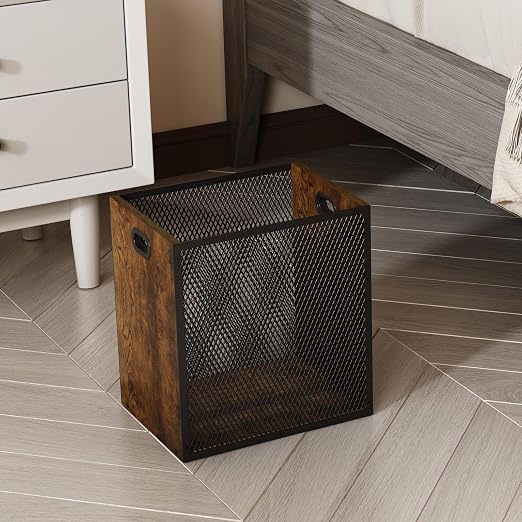 Retro Office Trash Can, Iron and Wood Combination Bedroom Garbage Can, Rectangular Design Wastebasket with Handle, Industrial Style Trash Can for Home Office, 11.02" X 7.87" X 11.81" 4.5 Gallon (2) - Image 8