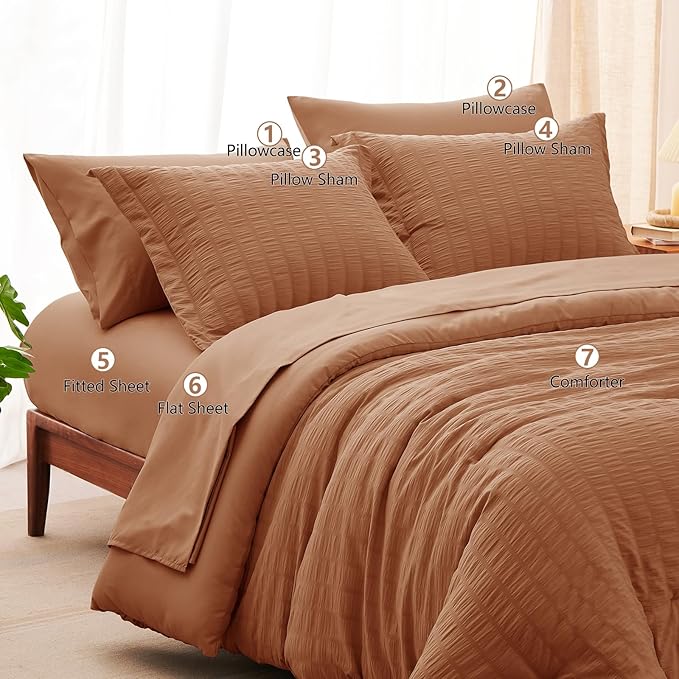 CozyLux Full Size Comforter Sets with Sheets 7 Pieces, Pumpkin Seersucker Bed in a Bag Textured Luxury Soft Bedding Set with Down Alternative Comforter, Sheets, Pillowcases & Shams for All Season