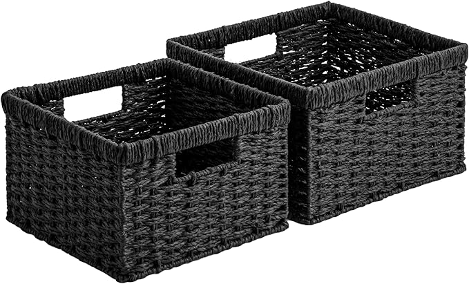 StorageWorks Wicker Basket with Handle, Wicker Storage Baskets for Organizing, Decorative Storage Baskets for Shelves, Paper Rope, Black, 2-Pack by StorageWorks