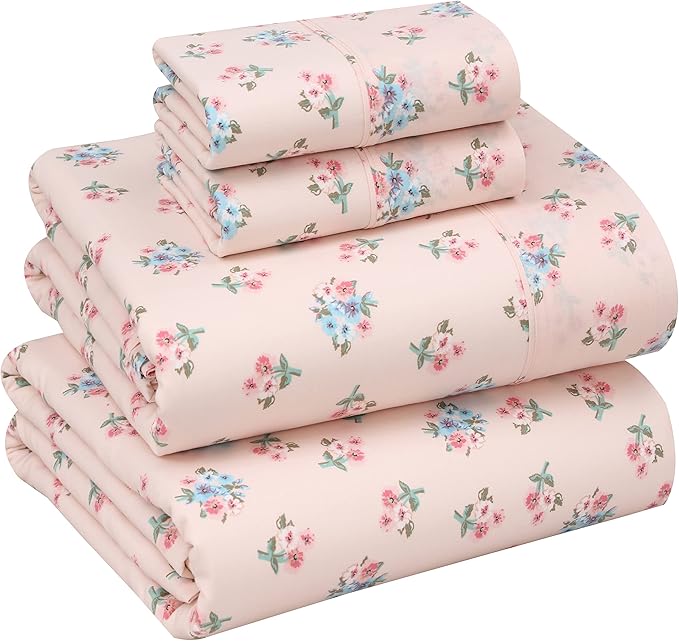 RUVANTI 100% Cotton Sheets – King Size Percale Bedding, Cooling & Breathable Floral Design, Durable with a Crisp, Soft & Comfortable Feel, 16" Deep Pocket, 4-Piece Set, Spring On
