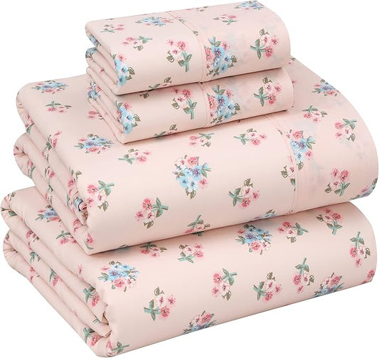 RUVANTI 100% Cotton Sheets – King Size Percale Bedding, Cooling & Breathable Floral Design, Durable with a Crisp, Soft & Comfortable Feel, 16" Deep Pocket, 4-Piece Set, Spring On