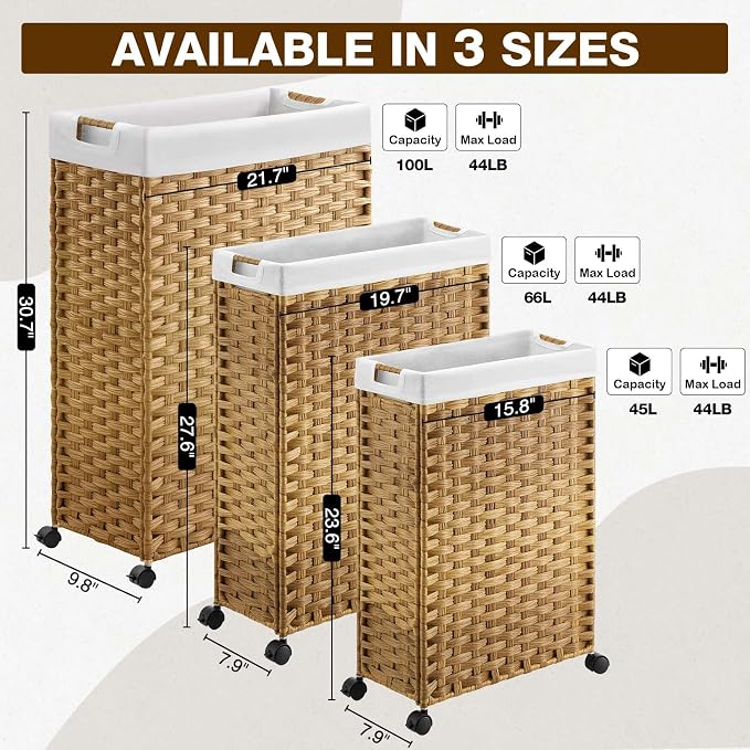 Greenstell Laundry Hamper with Wheels, 11.9 Gallon (45L) Small Clothes Hamper with 2 Removable Liner Bags & 2 Mesh Bags, Slim Rattan Laundry Basket for Bathroom, Bedroom, Natural - Image 8