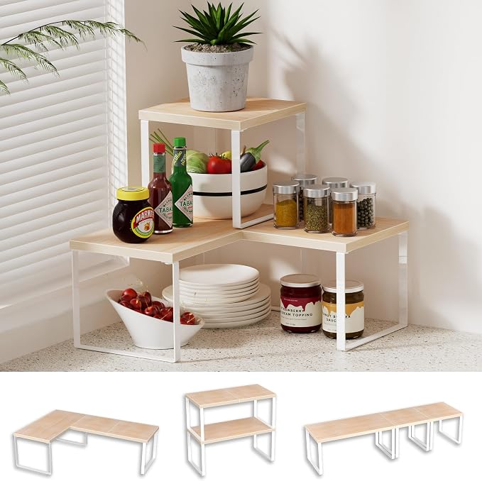 Golener Countertop Organizer Corner Shelf, 2 Tier Adjustable Stackable Corner Shelves for Kitchen, Bathroom, Spice Rack, Coffee Bar, Cabinet, Dresser Table, Corner Counter Shelf Stand, Natural Beige by Golener