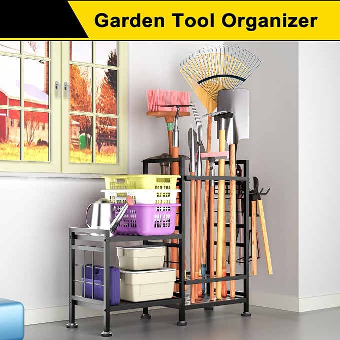 GIOTORENT 5 Tier Garden Tool Organizer, Metal Yard Tools Storage Rack, Garage Storage and Organization, Heavy Duty Garden Tool Organizer for Garage, Yard, Patio, Shed, Indoors and Outdoors, Black - Image 4