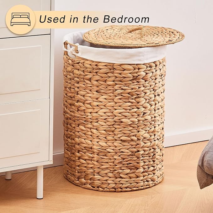 Round Water Hyacinth Laundry Hamper with Lid Handwoven Wicker Basket with Handles for Dirty Clothes, Storage, and Organization Ideal for Bedroom, Bathroom, and Laundry Room, No Assembly Required, 2Pcs - Image 5