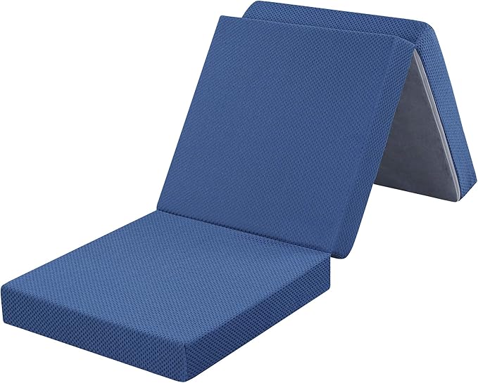 Olee Sleep Tri-Folding Memory Foam Mattress Topper, 4 Inch Gel Folding Mattress for Camping, Foldable Guest Bed, Washable Cover, CertiPUR-US Certified, Soft, Blue, Single Size