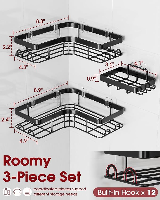 Sakugi Corner Shower Caddy - 3-Pack Shower Organizer with Soap Holder & Built-In Hooks, Rustproof Metal Shower Shelves, Laundry, Kitchen, Bathroom Organizers and Storage Solution, Large, Black - Image 3