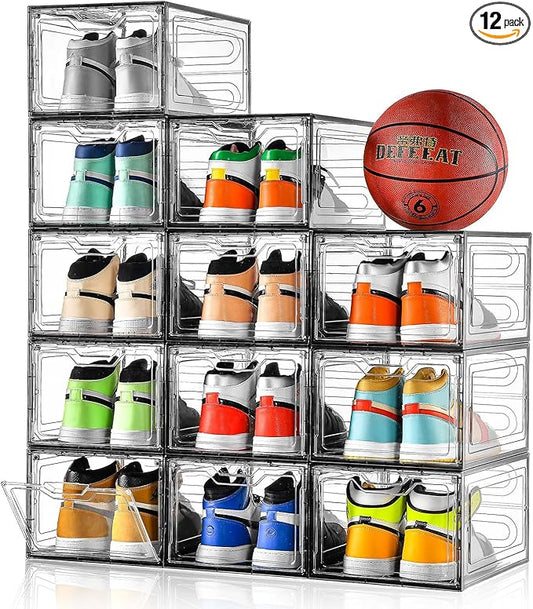 12 Pack Shoe Boxes Shoes Organizer, Shoe Storage Organizer Boxes with Magnetic Door, Clear Shoe Organizers Sneaker Storage Shoe Box for Women/Men, Fit up to US Size 12 by Stebopum