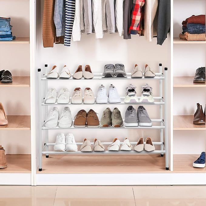 STORAGE MANIAC Expandable Shoe Rack, 16 Pairs Stackable Small Shoe Rack, Metal Adjustable Shoes Organizer for Closet, Entryway, Hallway, Garage, Front Door, Shoes Shelves, White 4 Tier - Image 2