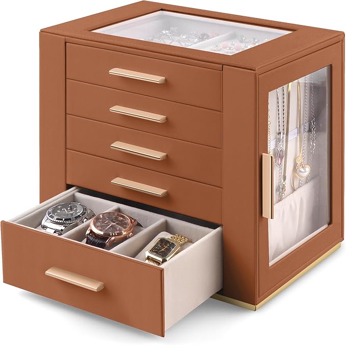 Homeanda Jewelry Box for Women with Glass Lid, 5 Drawers Jewelry Organizer and Storage for Necklaces, Rings, Earrings, Bracelets, Gift for Girls and Teens,PU Leather (Brown) by Homeanda