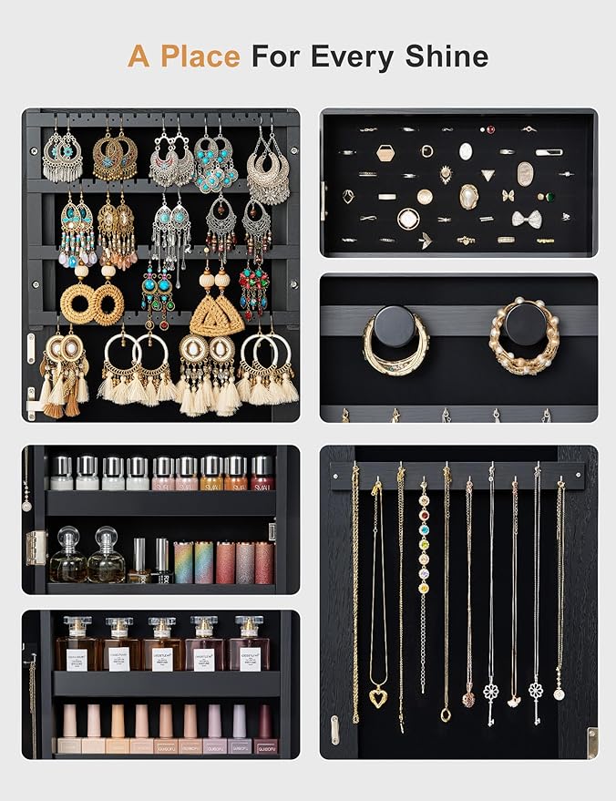 Nicetree Mirror Jewelry Cabinet Standing, Lockable Jewelry Cabinet Armoire with 2 Drawers, Full Length Mirror with Jewelry Storage, Christmas Gifts, Black - Image 7