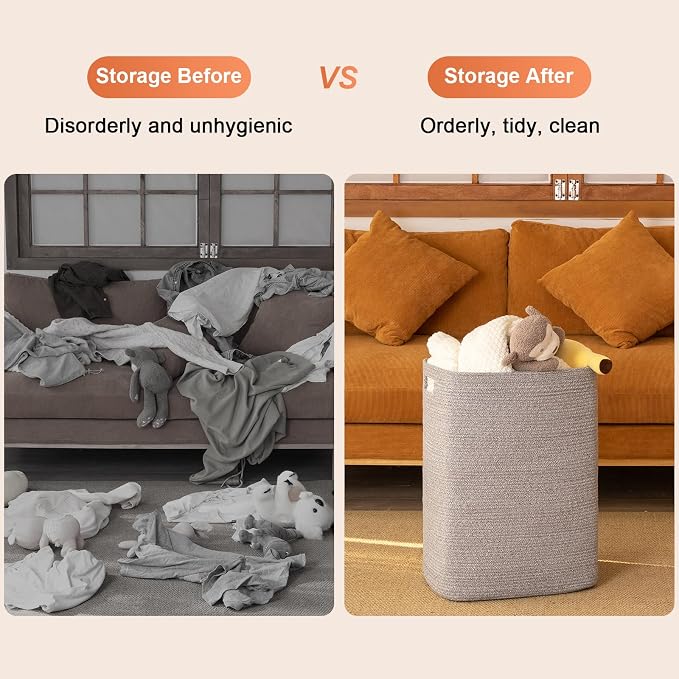 OIAHOMY Laundry Hamper, Laundry Basket，Rectangle Cotton Storage Basket with Handles, Large Blanket Basket for Living room, Woven Decorative Storage for Toys,Clothes,Pillows-16x13x22in-Grey variegated - Image 6