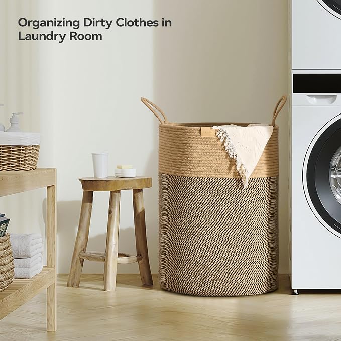 Nunsino Laundry Hamper 95L,Large Laundry Basket for Clothes,Decorative Storage Basket for Blankets,Cotton Rope Woven basket for bedroom,Dark Brown - Image 3