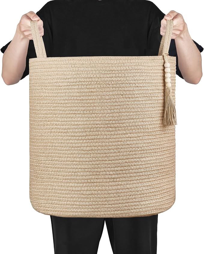 Mkono Tall Wicker Laundry Basket Woven Storage Basket Decorative Natural Rope Basket Wooden Bead Decoration for Blankets,Toys,Clothes,Shoes,Plant Organizer Bin with Handles Living Room 15"Wx17.7"L - Image 5