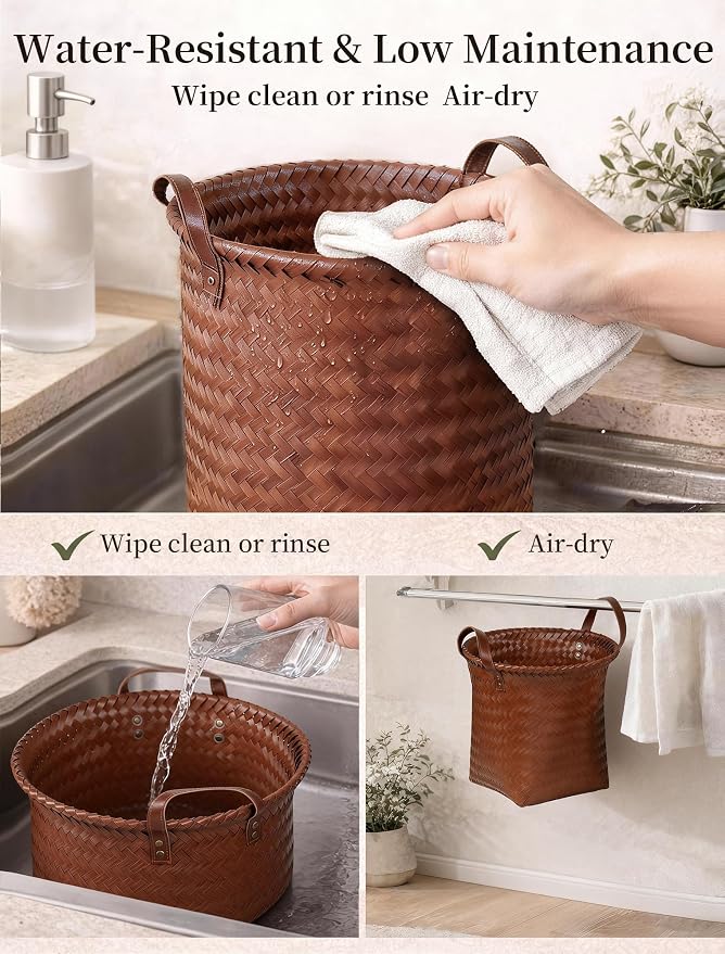 Hand Woven Baskets for Storage, 4Pcs Water-Resistant Wicker Baskets, Brown Wicker Storage Baskets for Shelves, Large Basket with Handle for Organizing, Closet, Laundry, Blanket - Round - Image 7