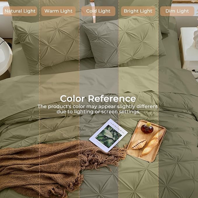 Sasttie King Size Comforter Set, 7-Piece Bed in a Bag, Pintuck Bedding Sets for All Season, Includes Comforter, Flat Sheet, Fitted Sheet, Pillowcases and Pillowshams, Olive Green