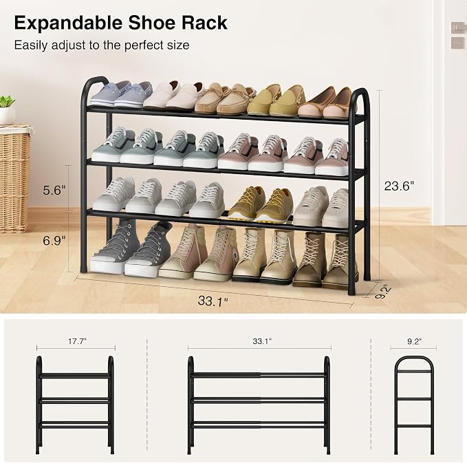 STO STO Expandable Shoe Rack, 3-Tier Metal Small Shoe Rack for Closet, Up to 16 Pairs Adjustable Shoes Racks Storage for Front Door Entrance, Free Standing Shoes Rack Organizer for Entryway, Black - Image 3