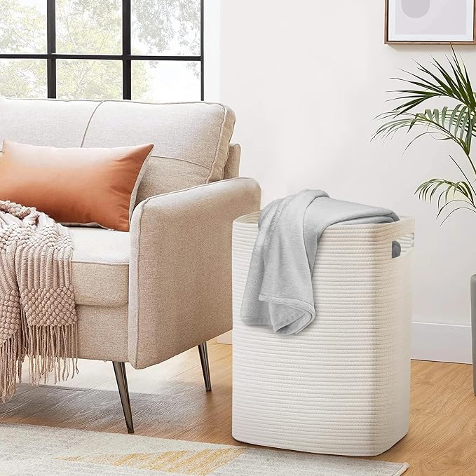 MEGASKET Large Laundry Hamper 16"x13"x22" - Tall Woven Laundry Basket, Cotton Rope Dirty Clothes Hamper, Baby Kids Nursery Wicker Laundry Basket, Bedroom Aesthetic, Soft Laundry Bin, White Hamper, 75L - Image 7