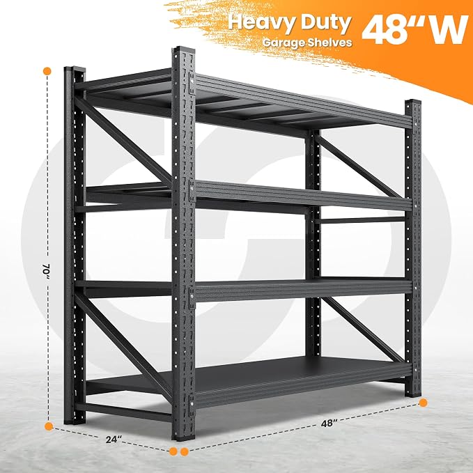 48" W Metal Storage Shelves Heavy Duty, 3000LBS Garage Shelving Units, 4 Tier Tall Metal Shelving, 24" Deep Steel Shelf Rack , Adjustable Utility Standing Shelf for Warehouse/Shop 48"W x 24"D x 70"H - Image 2