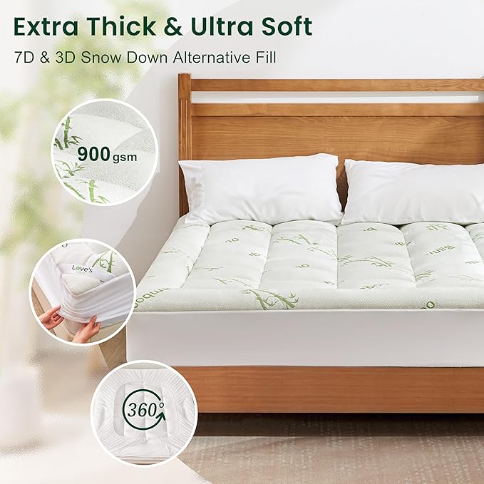 Love's cabin Queen Mattress Topper Viscose Derived from Bamboo, Thick Pillow Top Mattress Pad with Stretchable Pockets for 8"-20" Mattress, Breathable Cooling Mattress Topper for Hot Sleepers, Green