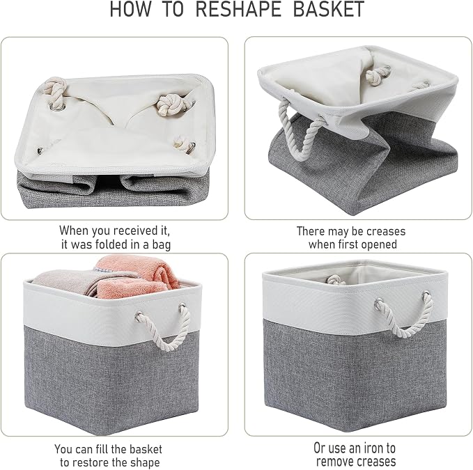 MidmmVick 13 x 13 Inch Cube Storage Bins, 6 Pack Extra Large Collapsible Fabric Storage Bin with Ropes, Foldable Storage Cubes for Home (White & Grey-13"x13"x13") - Image 5