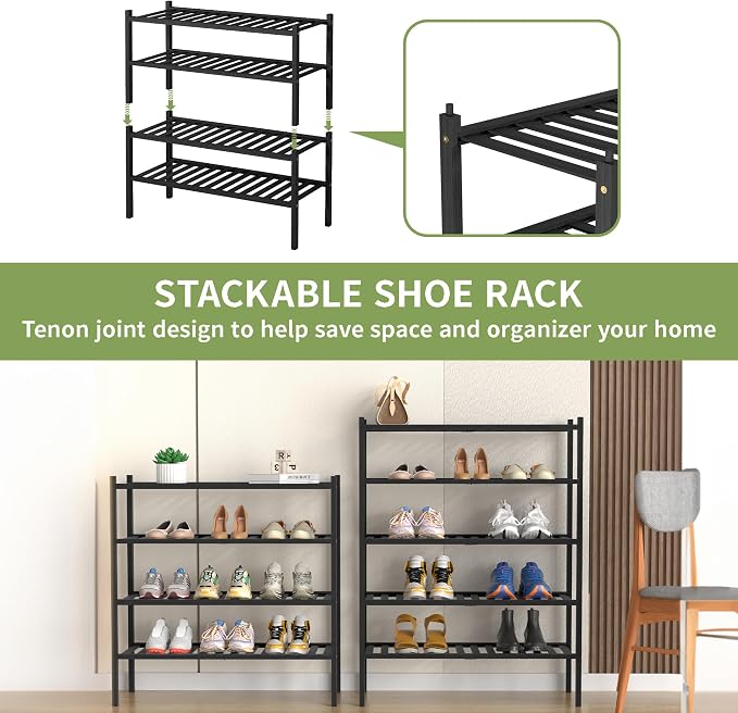 ROMGUAR CRAFT 5 Tier Bamboo Shoe Rack for Closet Free Standing Wood Shoe Shelf for Entryway Small Space Stackable 27"x11"x33" (Black) - Image 5
