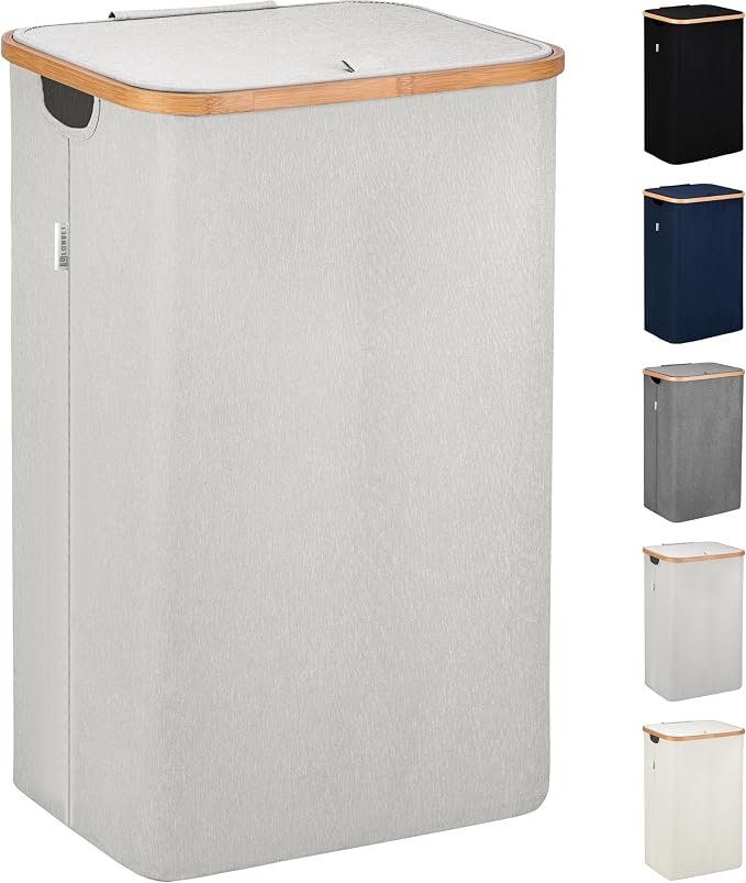 LONBET Laundry Basket with Lid, Made from Breathable Fabric | Aesthetic Clothes Hampers for Laundry with Side Handles & Sturdy Bamboo Frame (26 Gallons - Single, Light Gray) by Lonbet