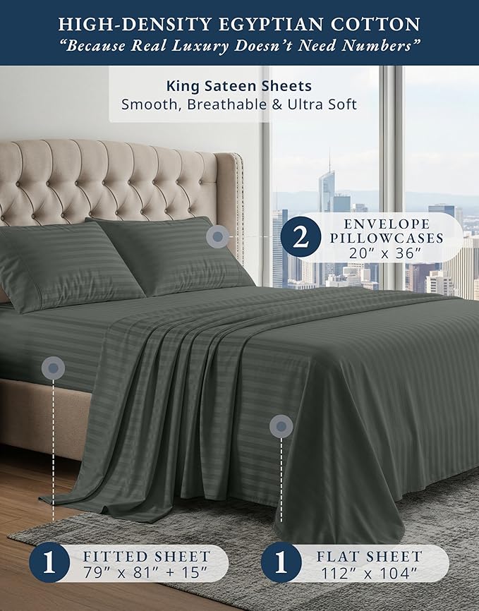 LANE LINEN 100% Egyptian Cotton King Sheets Set, Soft & Comfy Sateen Weave Mercerized Cotton Sheets King, Fully Elasticized Reinforced French Seam Fitted King Bed Sheets Damask Stripe – Dark Grey