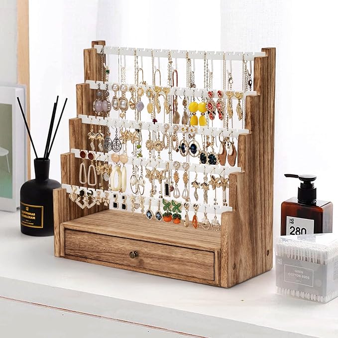 Pinzoveco Earring Organizer, 5 Layer Earring Holder Organizer with Necklace Holder Pole, Rustic Wood Jewelry Organizer Stand Display for Stud Earring Bracelet Necklace Ring, 175 Earring Holes - Image 5