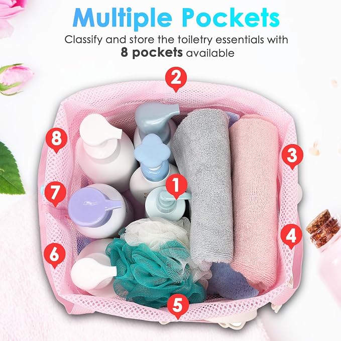 Fammart Mesh Shower Caddy Portable with Drawstring, Dorm Room Essentials for College Girls Guys, 8-Pocket Extra Large Shower Bag Basket Tote for Camping Beach Gym Travel Toiletry Bathroom - Image 4