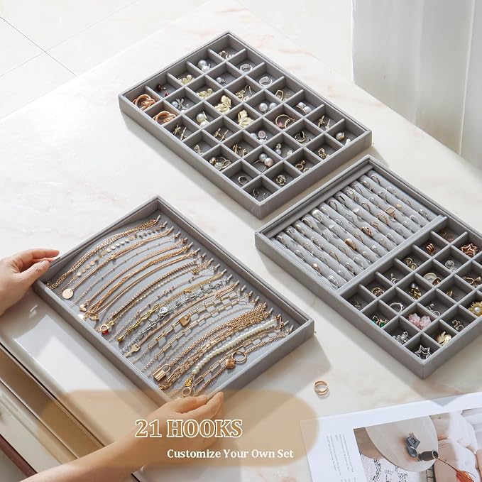 Large Velvet Jewelry Tray 2 Pack Stackable Jewelry Display Drawer Inserts Trays Organizer for Earring Bracelet Necklace Ring (Gray, 20 Hooks) - Image 5
