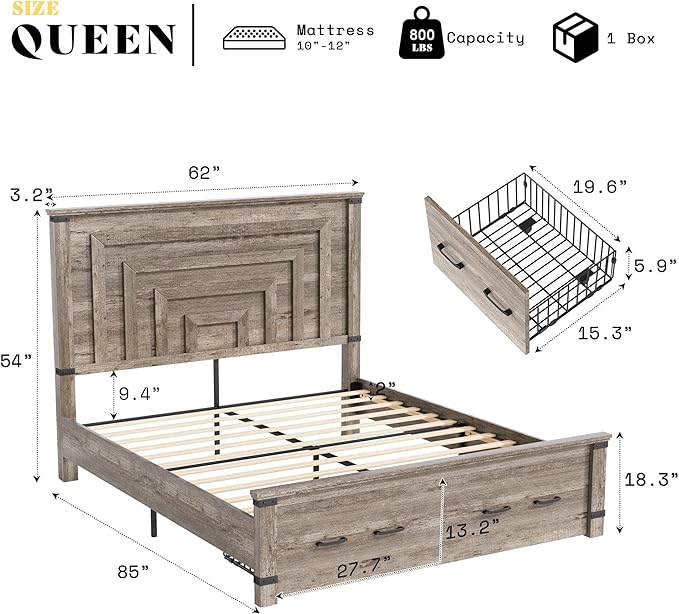 AMERLIFE 5 Pieces Farmhouse Bedroom Set, Includes Rustic Queen Bed Frame with 54" Tall Headboard, 6 Drawer Dresser, 5 Drawer Tall Chest, Nightstands Set of 2 with Charging Station, Rustic Grey