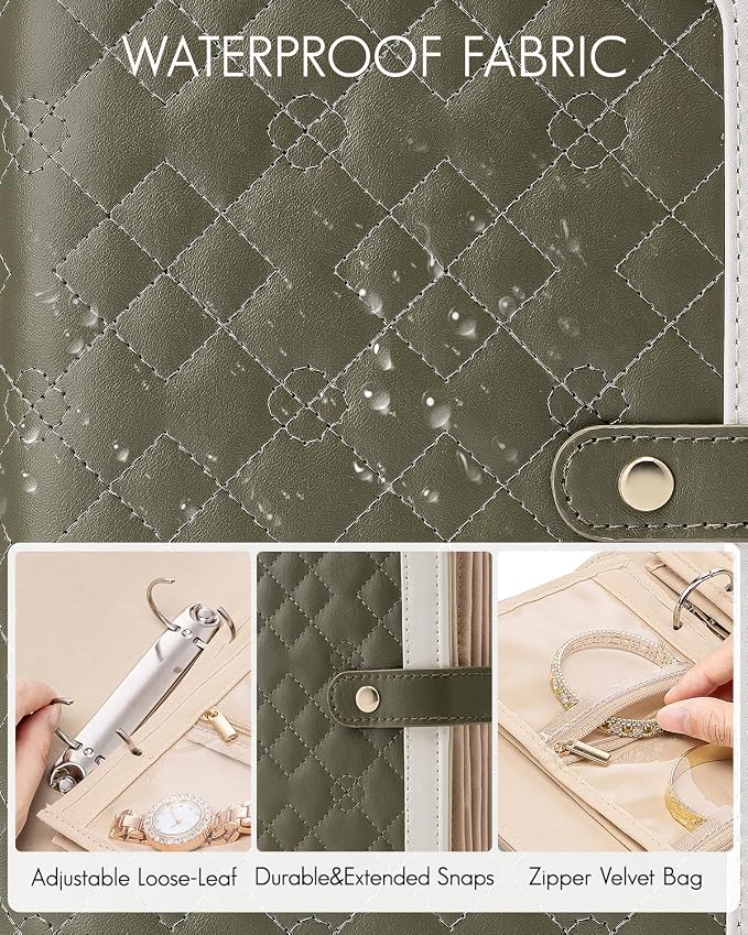 VLANDO Travel Jewelry Organizer Case,Mom Gifts from Daughter,Jewelry Storage Book Ring Binder with Clear Zipper Velvet Jewelry Pouch Bag,Travel Essentials for Rings,Necklace,Earrings-Olive Green - Image 4