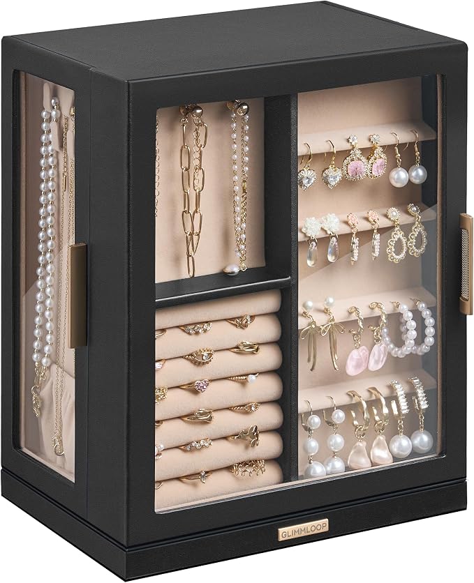 Glimmloop 360° Rotating Jewelry Box with 5 Drawers, Spacious Vertical Jewelry Organizer with Glass Window, Jewelry Storage Case, Dustproof & Moisture-resistant Design, Black by Glimmloop