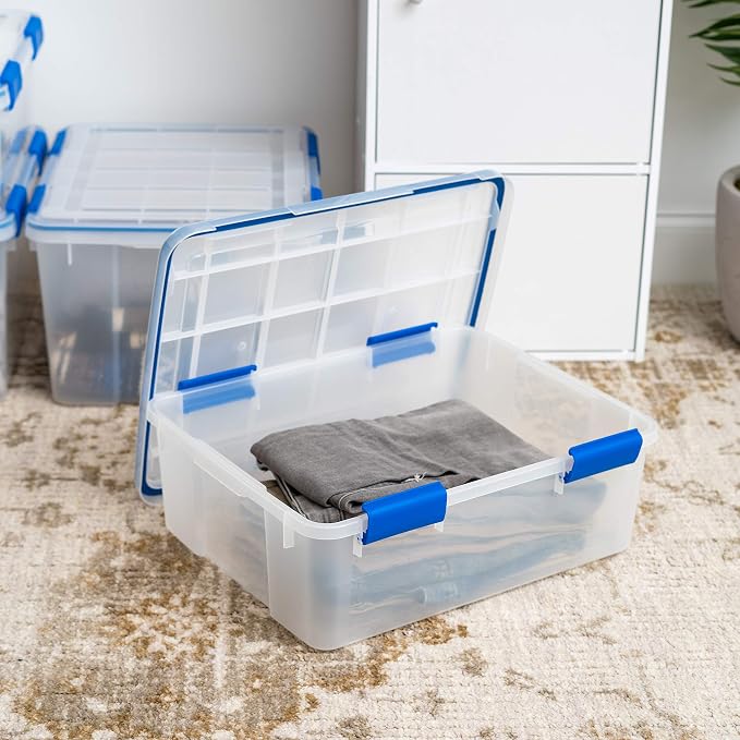 IRIS USA WeatherPro 27 & 44 Qt Storage Bins with Lids, 4 Pack, BPA-Free Plastic Gasket Box with Tight Latch and Seal, Stackable Nestable Tote Tub - Clear/Blue - Image 3