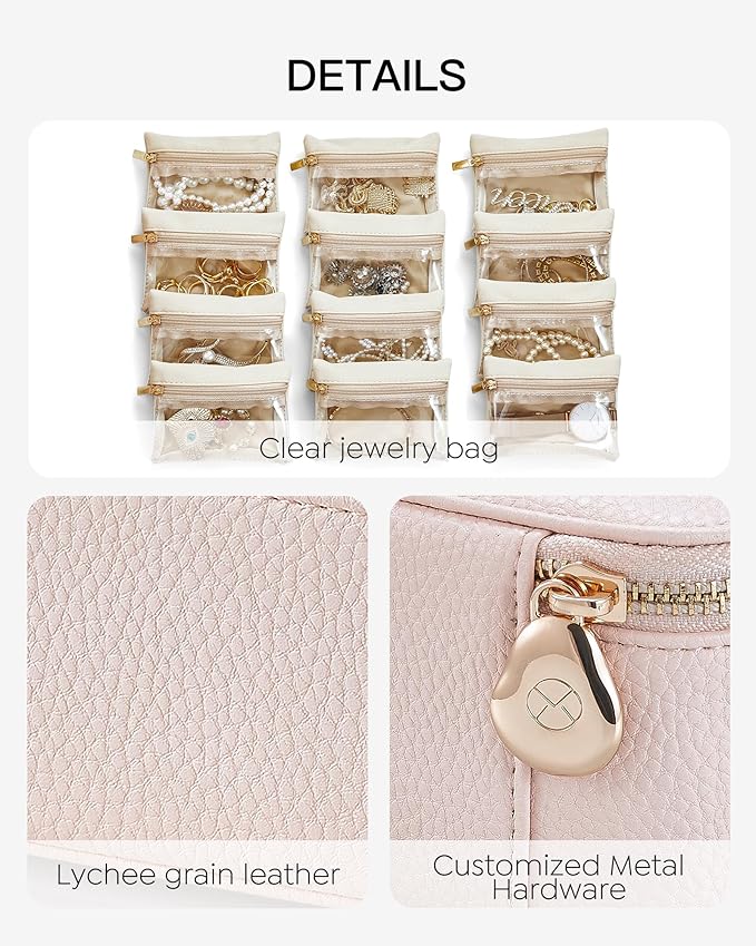 VLANDO Jewelry Box Organzier for Travel,Graduation Gifts for Daughter,Jewelry Case with 12 Pcs Velvet Jewelry Bags for Earrings Necklace Rings,Valentine's Day,Birthday, Wedding Gift for Wome-Pink - Image 4