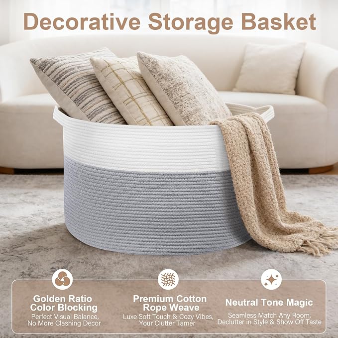 XXXL Large Laundry Basket, 105L Soft Cotton Rope Basket, Blanket Storage and Organizers, Baby Nursery Laundry Hamper, Extra Large Toys Storage Bins for Kids 23.6'' x 14.6'', White & Gray - Image 3