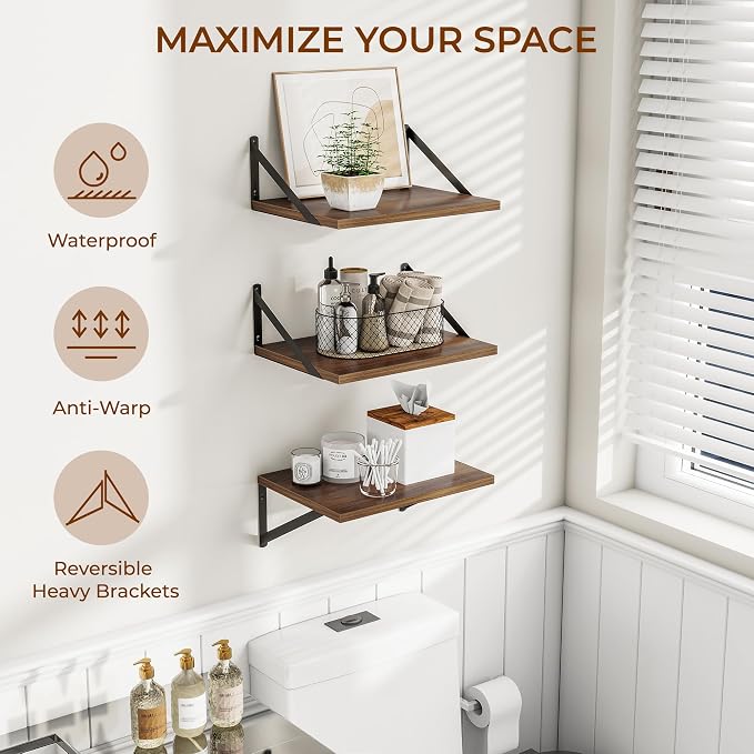 Heimlove Deep Floating Shelves for Wall, 12 Inch Deep Floating Shelves Set of 3, 16W x 12D Wood Wall Shelves, Wide Wood Shelves with Metal Bracket for Living Room, Kitchen, Office, Bedroom - Walnut - Image 4