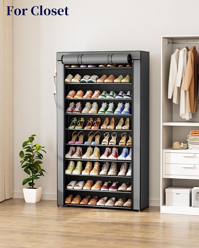 Kitsure Shoe Rack - 10-Tier Shoe Organizer with Zippered Dust Cover & Side Pockets, Easy to Assemble, Space Saving Shoe Rack for Closet, Entryway, Living Room, 33" x 12.4" x 69.3", Grey - Image 3