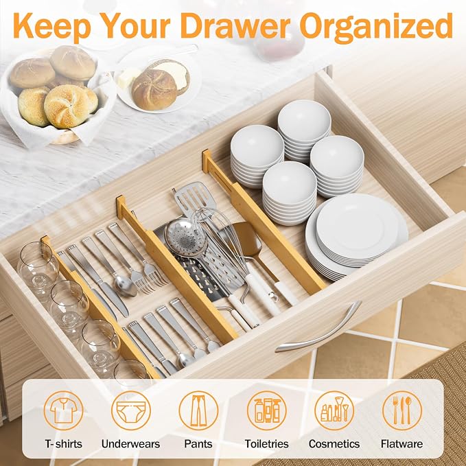 BAMBUROBA Bamboo Drawer Dividers, Adjustable Kitchen Drawer Organizer for Clothes,17-22" Expandable Drawer Organization Separators for Bedroom,Bathroom,Dresser and Office,6-Pack - Image 3