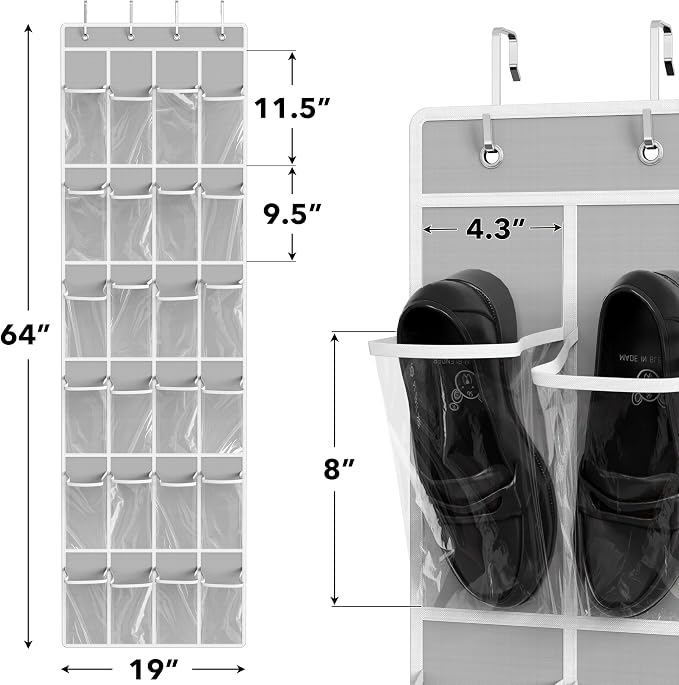 Simple Houseware 24 Pockets - Crystal Clear Over The Door Hanging Shoe Organizer, Gray (64'' x 19'') - Image 2