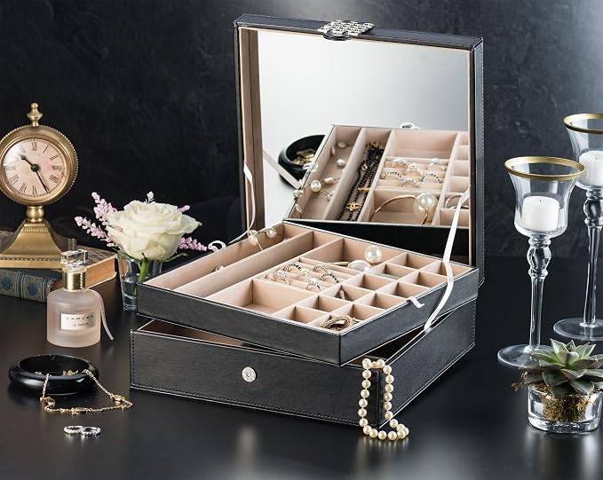 Glenor Co 28 Section Jewelry Box - 2 Layer - Buckle Snap & Magnet Closure - Large Mirror - Pu Leather - Black - Jewelry Organizer for Women & Girls - Holder for Earring Ring Necklace & Bracelet - Image 2