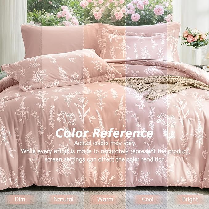 MUXHOMO Cameo Pink Twin Comforter Set, Elegant Floral Print Bed in a Bag 5 Pieces, Ultra Soft & Breathable Reversible Botanical Pattern Bedding Set with Comforter, Sheets, Pillowcase, and Sham