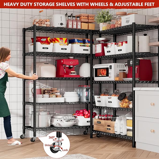 REIBII Storage Shelves Load 1980LBS,5 Tier Metal Shelving Unit with Wheels,Adjustable Wire Shelving Metal Storage Shelves Commercial Shelf for Garage Pantry Kitchen,76''HX36''WX16''D Black - Image 4