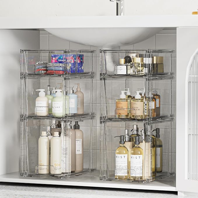 Vtopmart 3 Pack Clear Stackable Storage Drawers,Easy to Assemble Bathroom Organizers and Storage with handles,Plastic Drawers for Kitchen Pantry,Cabinet,Under Sink Organization - Image 2