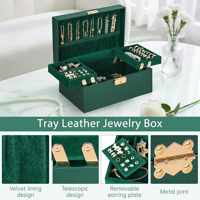 AKOZLIN Travel Jewelry Box Organizer Functional 2-trays Leather Jewelry Storage Case with Lockable Portable for Women Girls Ring Necklace Earring Bracelet - Image 4