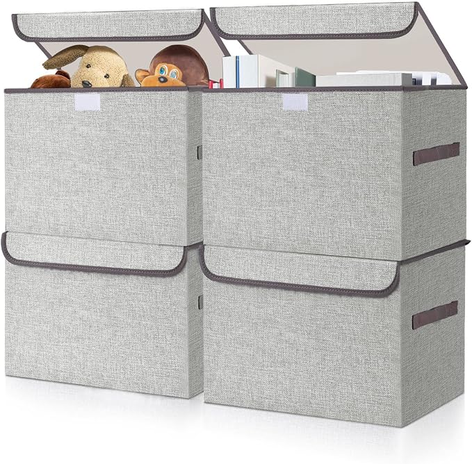 Bagnizer Linen Fabric Foldable Storage Cube Bin Organizer Basket with Flip-Top Lid & Handles, Large Clothes Blanket Box for Home, Office, Closet, Light Gray, 4 Pack 14.6 x 9.5 x 9.5” by Bagnizer