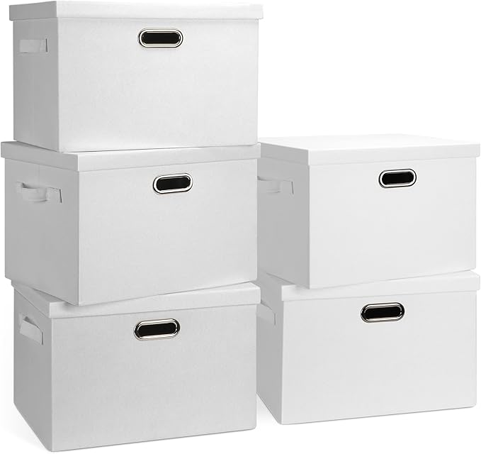 Graciadeco Large 17" 36 Quart Collapsible Stackable Storage Bins with Lids, 5 Packs White Linen Fabric Closet Boxes with Lids, Storage Cube Baskets Container Organizers for Bedroom Office(17 x12 x11) by GraciadecoStorage