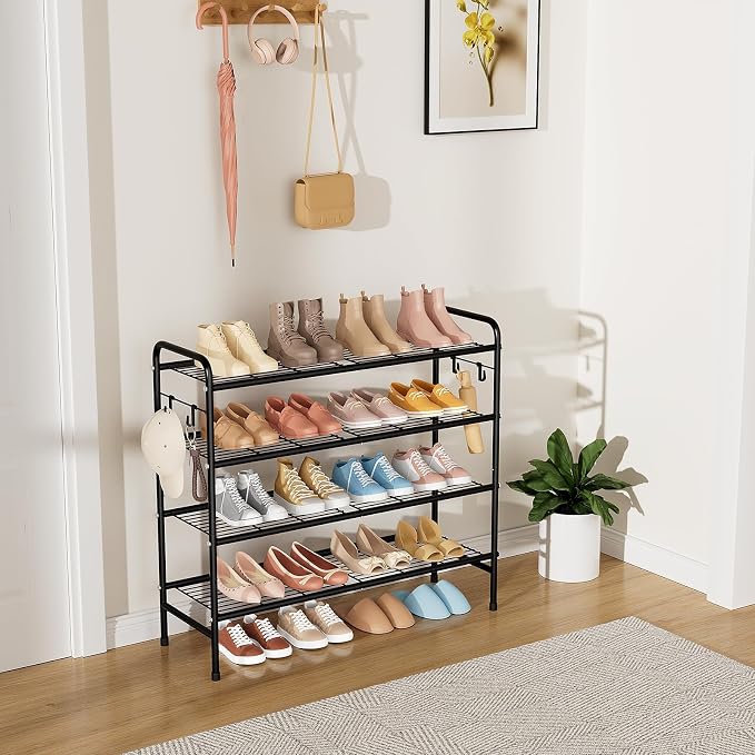 VILICK 4-Tier Shoe Rack 33" Wide Metal Shoe Organizer Long Shoe Storage with 4 Side Hooks Sturdy Shoes Shelf for Closet, Front Door Entrance, Garage, Dorm, Black - Image 2