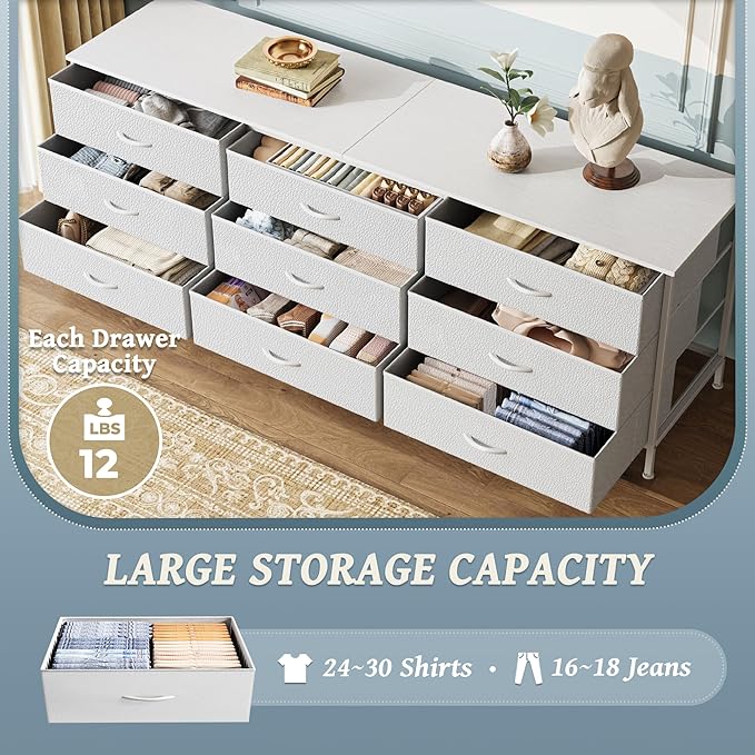 Huuger 63 Inch Dresser for Bedroom, Dresser for Closet with 9 Fabric Drawers, Large TV Stand for 55, 65, 70 Inch TV, Entertainment Center with Storage, Wide Long Chest of Drawers, White